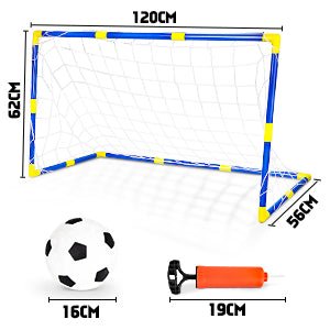 Laad afbeelding in Galerijviewer, Het perfecte kindervoetbaldoel biedt eindeloos voetbalplezier met een net, zwart-witte bal (diameter 16cm), en een rode pomp (19cm). Afmetingen: 120cm breed, 62cm hoog, 56cm diep. Ideaal voor kinderen om hun voetbaloefeningen te verbeteren!.
