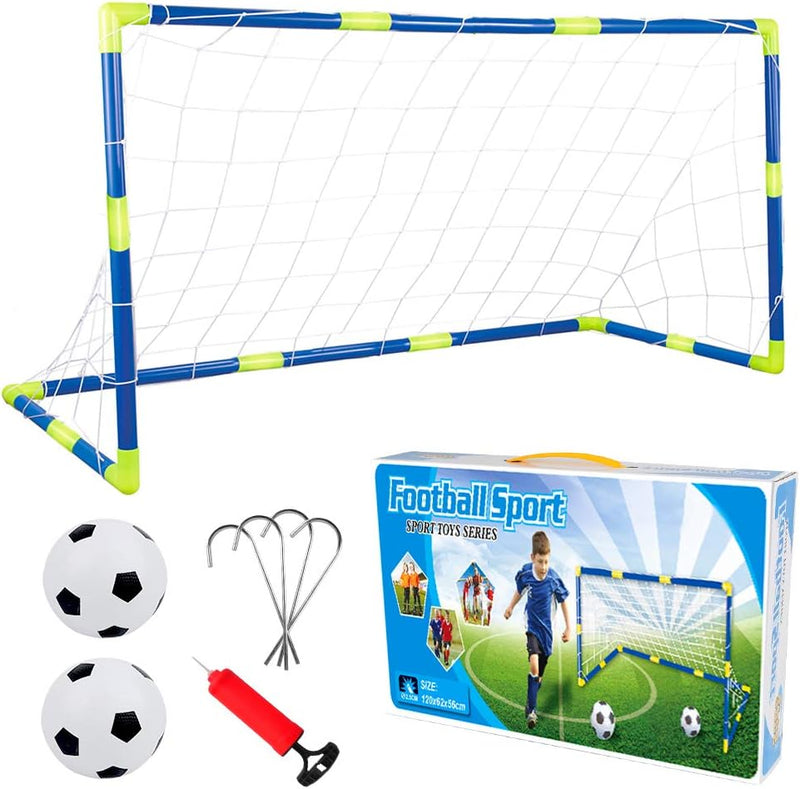 Laad afbeelding in Galerijviewer, De set &quot;Het perfecte kindervoetbaldoel&quot; bestaat uit een net, twee voetballen, een pomp en metalen pennen, ideaal om te oefenen. De doos toont het gemonteerde doel met een kind dat geniet van voetbal speelplezier.
