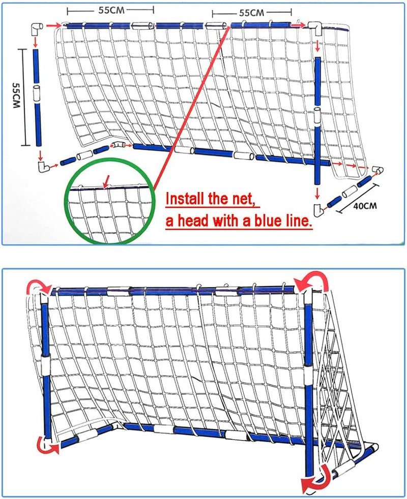 Laad afbeelding in Galerijviewer, Het diagram illustreert de montage-instructies voor &quot;Het perfecte kindervoetbaldoel – Plezier en training voor de kleine voetballiefhebbers!&quot; afmetingen en netinstallatie benadrukken met een blauwe lijn om het speelvoetbalplezier te vergroten.
