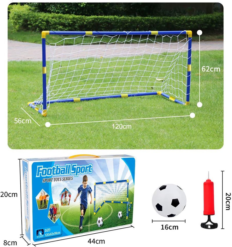 Laad afbeelding in Galerijviewer, De speelgoedset &quot;Het perfecte kindervoetbaldoel&quot;, ideaal voor plezier voetbal, heeft een doel van 120x62cm, een bal met een diameter van 16cm en een pomp van 20cm. De afmetingen van de doos zijn 44x20cm.
