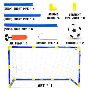 Laad afbeelding in Galerijviewer, Het perfecte kindervoetbaldoel set bevat buizen, verbindingsstukken, rechte buisverbindingen, voetballen, luchtpomp, grondpennen en een net. Ideaal voor eindeloos speelplezier en voetbaloefeningen voor kinderen.
