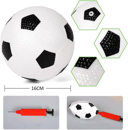 Het perfecte kindervoetbaldoel is een 16cm zwart-witte voetbal, ideaal voor kinderen om voetbal te oefenen. Inclusief speelplezier met texture close-ups en een aparte rode luchtpomp bevestigd aan de leeggelopen bal.
