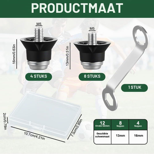 Voetbalnoppen 12 stuks van slijtvast kunststof met schroefdraad in 13 en 16 mm inclusief noppensleutel – schoennoppen – rugbynoppen - happygetfit.com