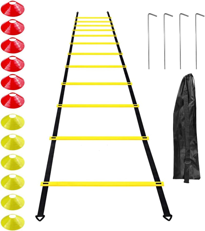 Load image into Gallery viewer, Verbeter je spel met deze complete voetbaltrainingsaccessoireset, inclusief een behendigheidsladder met gele sporten, rode en gele trainingspionnen, metalen stokken en een zwarte draagtas - perfect voor het verbeteren van je behendigheid.
