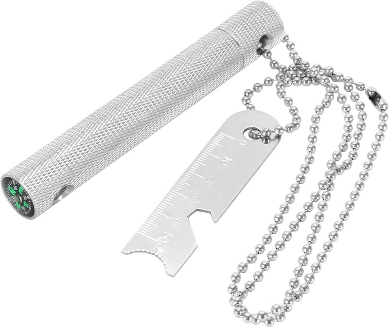 Load image into Gallery viewer, De Robuuste vuurstarter voor outdoor avonturen is een zilveren multitool die ideaal is voor avonturen, met een gekarteld handvat, kompas, flesopener, liniaal en een magnesium vuurstaal vuurstarter. Inclusief metalen ketting voor eenvoudige bevestiging aan uitrusting.
