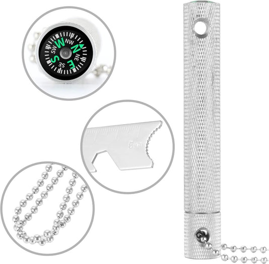 De Robuuste vuurstarter voor outdoor avonturen is een zilveren sleutelhangertool met kompas, flesopener, handige ketting en magnesium vuurstaal om gemakkelijk vuur te maken - perfect voor elk avontuur.