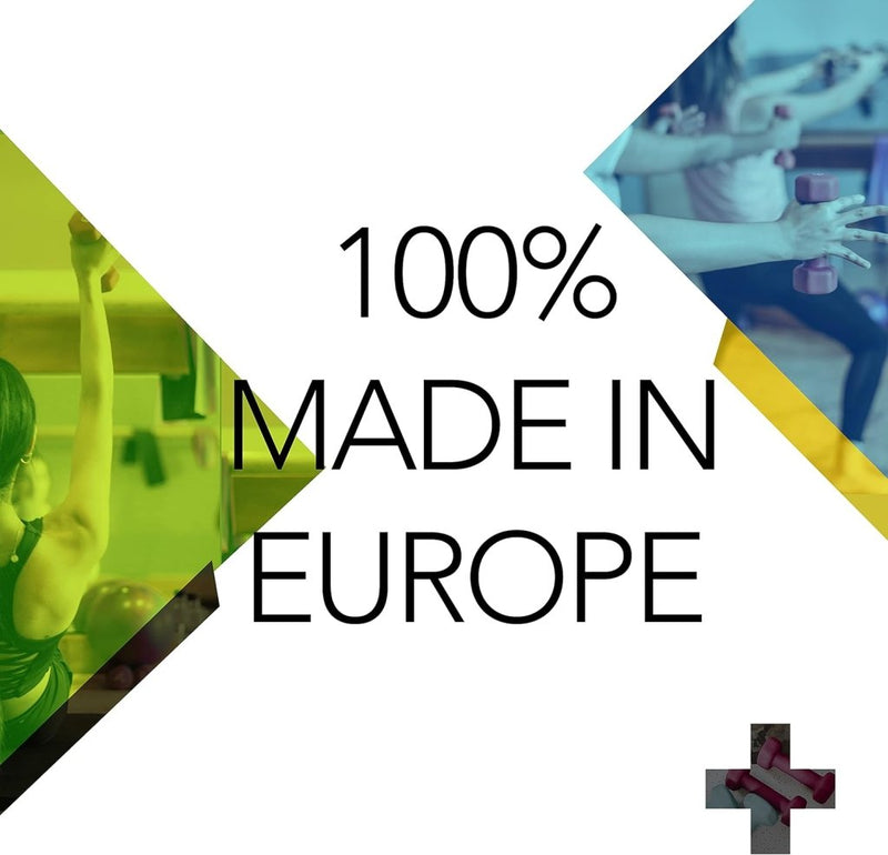 Laad afbeelding in Galerijviewer, Tekst &quot;100% Made in Europe&quot; overlay op afbeeldingen van mensen die trainen met dumbbells, omgeven door kleurblokken en een plusteken, met onze Europese ontworpen Ontdek de kracht van onze moderne koolstofstalen halters wandhouder.

