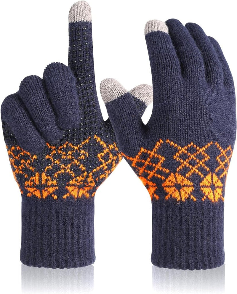 Laad afbeelding in Galerijviewer, Twee marineblauwe &quot;Warme handen, perfecte grip: Winterhandschoenen voor elke activiteit!&quot; met oranje sneeuwvlokpatronen. Grijze tips op wijsvinger en duim voor touchscreengebruik. Eén handschoen toont de palmzijde met antislip puntgrip, de andere toont de achterkant.
