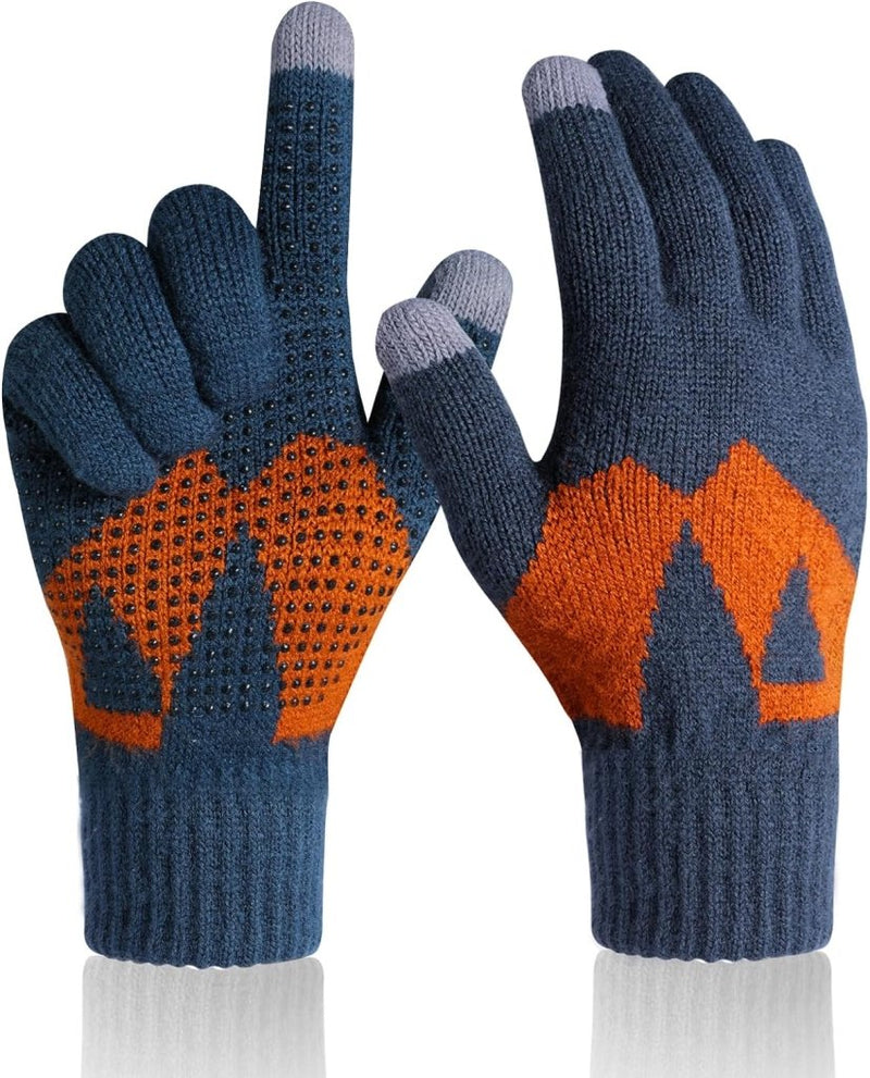 Laad afbeelding in Galerijviewer, Het product &quot;Warme handen, perfecte grip: Winterhandschoenen voor elke activiteit!&quot; bestaat uit winterhandschoenen in de kleuren blauw en oranje met een antislip grip en touchscreen-compatibele vingertoppen op de wijsvinger en duim, weergegeven op een effen witte achtergrond.
