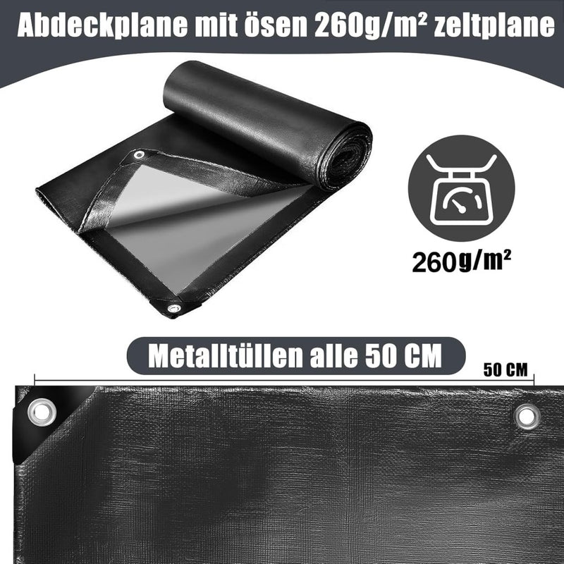 Laad afbeelding in Galerijviewer, Waterdicht afdekzeil 2 x 4 meter 260 g/m² met ogen zwart – PE dekzeil – beschermzeil - happygetfit.com
