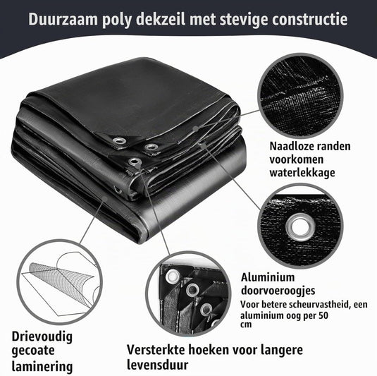 Waterdicht afdekzeil 2 x 4 meter 260 g/m² met ogen zwart – PE dekzeil – beschermzeil - happygetfit.com