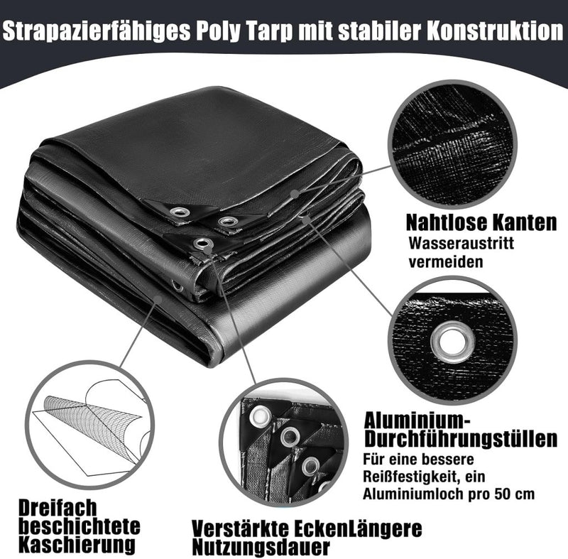 Laad afbeelding in Galerijviewer, Waterdicht afdekzeil 2 x 4 meter 260 g/m² met ogen zwart – PE dekzeil – beschermzeil - happygetfit.com
