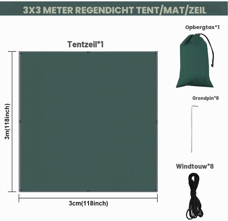 Charger l’image dans la visionneuse de galerie, Waterdicht tentzeil 3 x 3 meter van 210D polyester met 8 haringen en scheerlijnen – kampeertarp – hangmatbescherming - happygetfit.com
