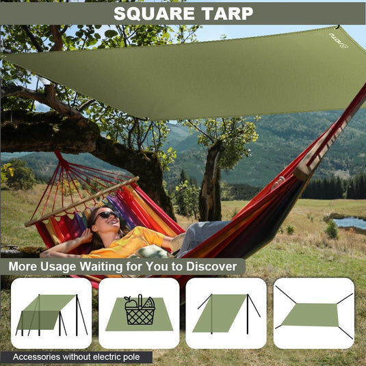 Waterdicht tentzeil 3 x 3 meter van 210D polyester met 8 haringen en scheerlijnen – kampeertarp – hangmatbescherming - happygetfit.com