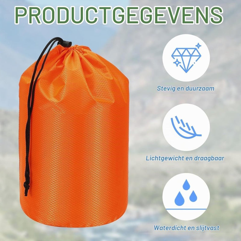 Laden Sie das Bild in Galerie -Viewer, Waterdichte opbergzak 11 x 20 cm met trekkoord oranje – stuff sack – camping accessoires - happygetfit.com
