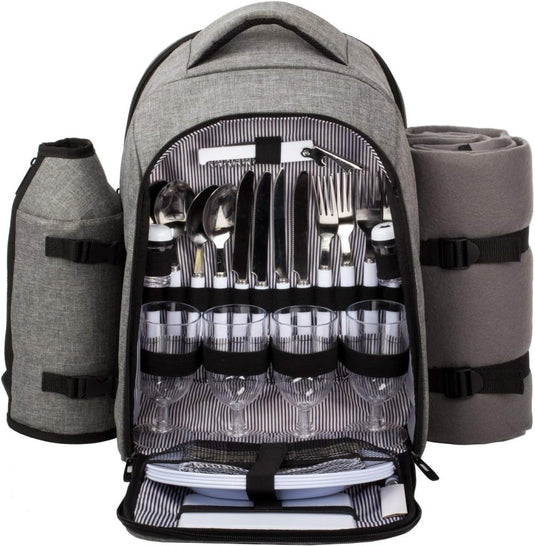 De Picknickrugzak voor 4 personen biedt het ultieme picknickgenot met zijn luxe design, inclusief bestek, borden, glazen, een opgerold dekentje en een handige flessenhouder aan de zijkant.