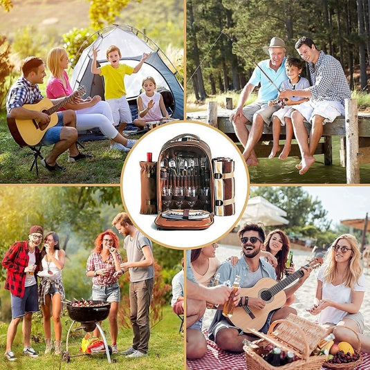 Een collage van buitenactiviteiten: vrienden die gitaar spelen bij een tent, familie die vist, een groep die geniet van een barbecue en vrienden die picknicken. Centraal staat de "Picknickrugzak voor 4 personen voor het ultieme picknickplezier," compleet met premium bestek en glazen.