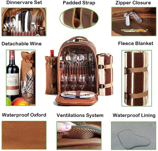 De "Picknickrugzak voor 4 personen voor het ultieme picknickplezier" biedt een luxe ontwerp met een serviesset, fleecedeken, afneembare wijnhouder, gewatteerde riem, ritssluiting, waterdichte voering en een efficiënt ventilatiesysteem voor optimaal buiten dineren.