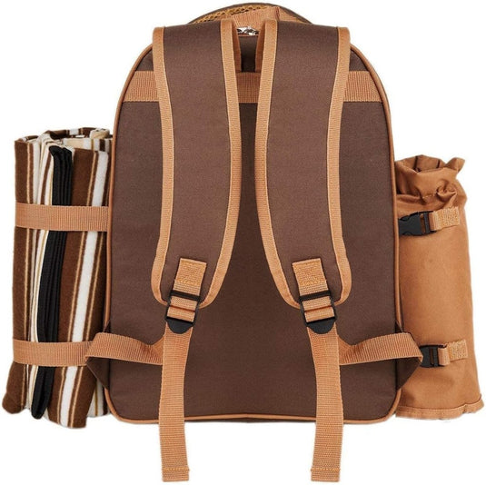 Deze luxe "Picknickrugzak voor 4 personen" heeft een bruin design met bruine banden, een gestreepte deken aan de linkerkant en een bevestigde bruine opgerolde tas aan de rechterkant, ideaal voor wie van hoogwaardige picknickbenodigdheden houdt.