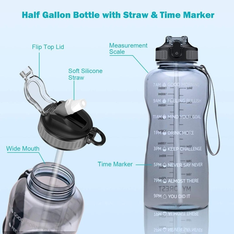 Load image into Gallery viewer, Afbeelding van de &quot;Hydrateer je actieve levensstijl&quot; 2,2-liter waterflessen gemaakt van BPA-vrije Tritan-kunststof, met een opklapbaar deksel, zacht siliconenrietje, brede mond, maatschaal en tijdmarkering voor het volgen van de waterinname.
