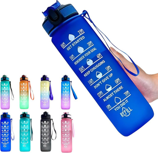 Waterfles met rietje en tijdmarkering 1 liter - happygetfit.com
