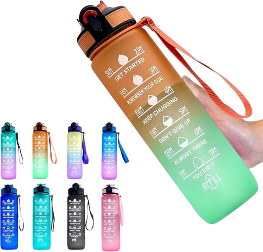 Waterfles met rietje en tijdmarkering 1 liter - happygetfit.com