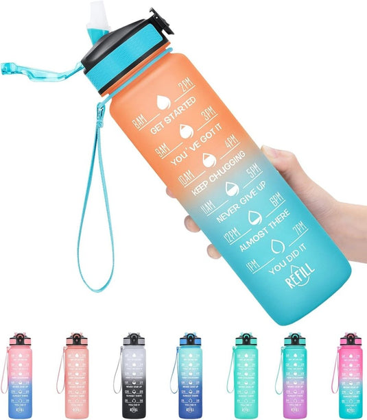 Waterfles met rietje - Grote 1 liter BPA-vrije sportwaterfles met tijdmarkeringen - Lekvrij voor sportschool met filter - happygetfit.com