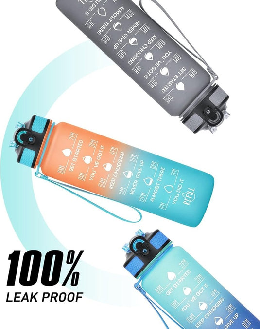 Waterfles met rietje - Grote 1 liter BPA-vrije sportwaterfles met tijdmarkeringen - Lekvrij voor sportschool met filter - happygetfit.com