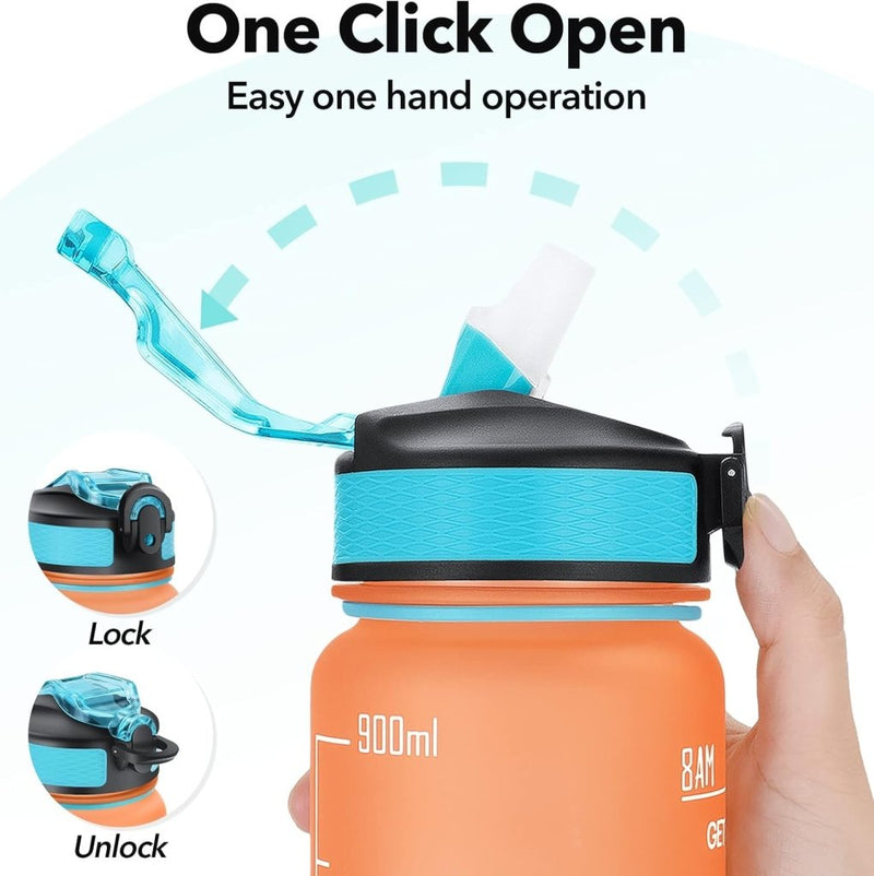 Laden Sie das Bild in Galerie -Viewer, Waterfles met rietje - Grote 1 liter BPA-vrije sportwaterfles met tijdmarkeringen - Lekvrij voor sportschool met filter - happygetfit.com
