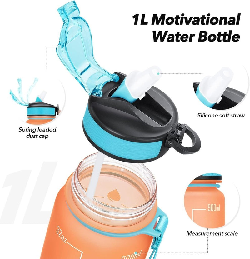 Laden Sie das Bild in Galerie -Viewer, Waterfles met rietje - Grote 1 liter BPA-vrije sportwaterfles met tijdmarkeringen - Lekvrij voor sportschool met filter - happygetfit.com
