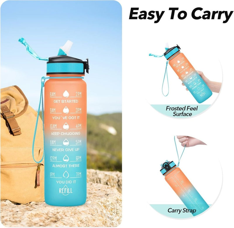 Laden Sie das Bild in Galerie -Viewer, Waterfles met rietje - Grote 1 liter BPA-vrije sportwaterfles met tijdmarkeringen - Lekvrij voor sportschool met filter - happygetfit.com
