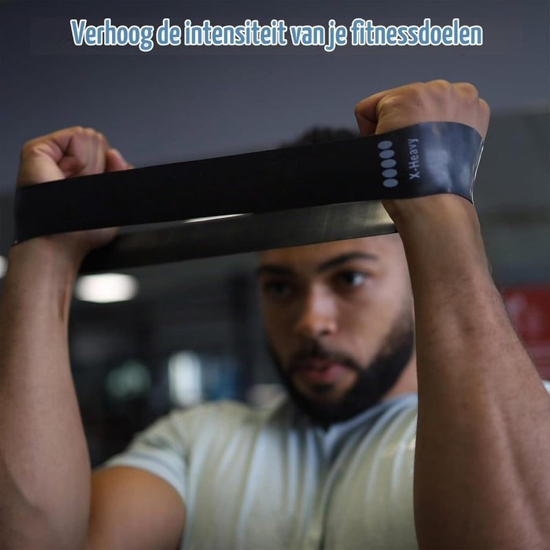Laad afbeelding in Galerijviewer, Weerstandsbanden set 5 stuks met 5 weerstandsniveaus en draagtas – fitnessbanden – resistance bands - happygetfit.com
