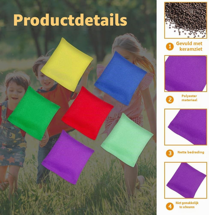 Bild im Galerie-Viewer laden, Werpspel zakjes voor kinderen 12 stuks van polyester met kleikorrels 7,5 x 7,5 cm voor buitenspellen – pittenzakjes – mikspel - happygetfit.com
