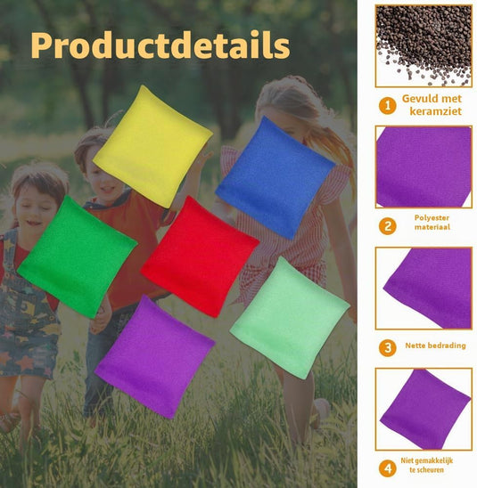 Werpspel zakjes voor kinderen 12 stuks van polyester met kleikorrels 7,5 x 7,5 cm voor buitenspellen – pittenzakjes – mikspel - happygetfit.com