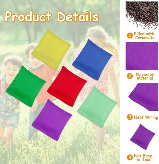 Werpspel zakjes voor kinderen 12 stuks van polyester met kleikorrels 7,5 x 7,5 cm voor buitenspellen – pittenzakjes – mikspel - happygetfit.com