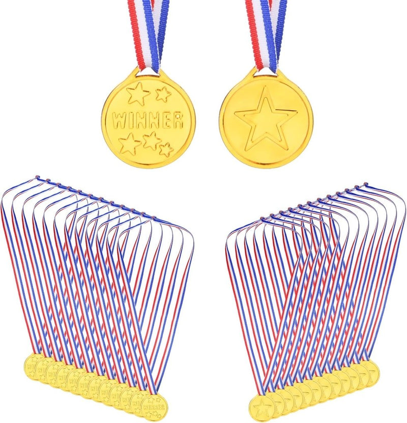 Bild im Galerie-Viewer laden, Winnaarsmedailles voor kinderen 28 stuks van lichtgewicht kunststof met gouden afwerking voor sportwedstrijden – kampioensmedailles – sportprijzen - happygetfit.com
