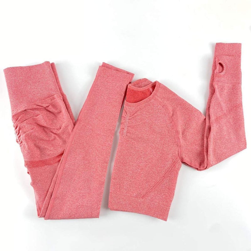 Laad afbeelding in Galerijviewer, Workout Sets for Women 2 Piece Long Sleeve Yoga Outfits Seamless Ribbed Crop Top High Waist Legging - happygetfit.com
