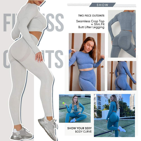 Workout Sets for Women 2 Piece Long Sleeve Yoga Outfits Seamless Ribbed Crop Top High Waist Legging - happygetfit.com