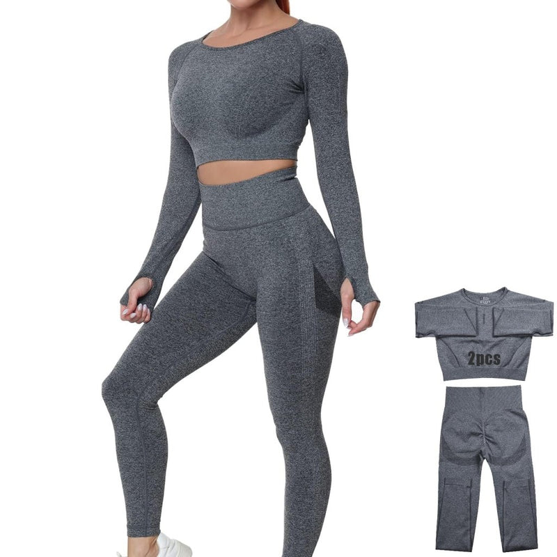 Laad afbeelding in Galerijviewer, Workout Sets for Women 2 Piece Long Sleeve Yoga Outfits Seamless Ribbed Crop Top High Waist Legging - happygetfit.com
