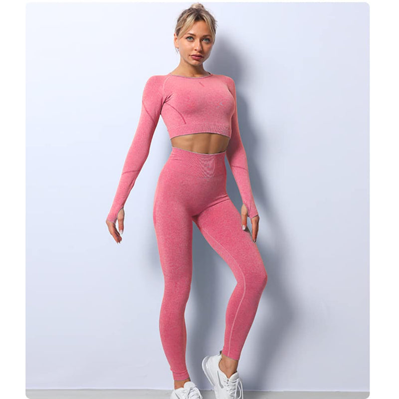 Laad afbeelding in Galerijviewer, Workout Sets for Women 2 Piece Long Sleeve Yoga Outfits Seamless Ribbed Crop Top High Waist Legging - happygetfit.com
