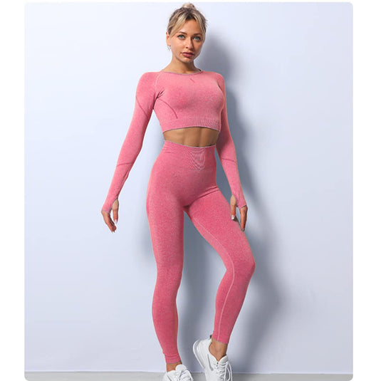 Workout Sets for Women 2 Piece Long Sleeve Yoga Outfits Seamless Ribbed Crop Top High Waist Legging - happygetfit.com