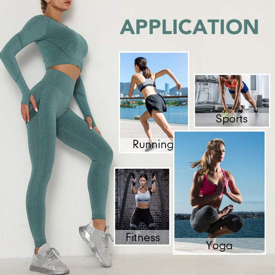 Workout Sets for Women 2 Piece Long Sleeve Yoga Outfits Seamless Ribbed Crop Top High Waist Legging - happygetfit.com