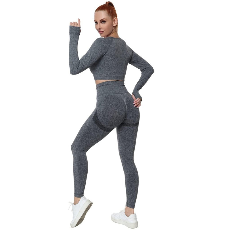 Laad afbeelding in Galerijviewer, Workout Sets for Women 2 Piece Long Sleeve Yoga Outfits Seamless Ribbed Crop Top High Waist Legging - happygetfit.com
