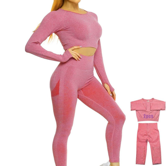 Workout Sets for Women 2 Piece Long Sleeve Yoga Outfits Seamless Ribbed Crop Top High Waist Legging - happygetfit.com