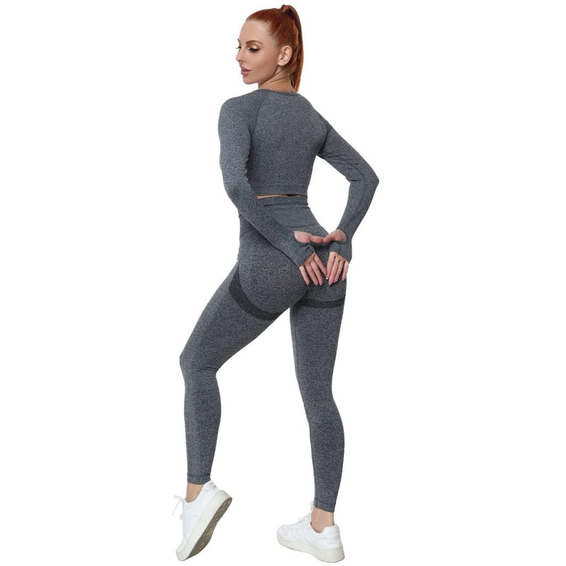 Laad afbeelding in Galerijviewer, Workout Sets for Women 2 Piece Long Sleeve Yoga Outfits Seamless Ribbed Crop Top High Waist Legging - happygetfit.com
