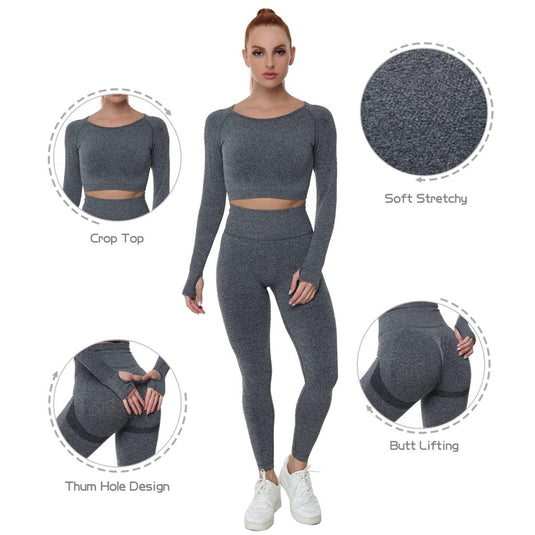 Workout Sets for Women 2 Piece Long Sleeve Yoga Outfits Seamless Ribbed Crop Top High Waist Legging - happygetfit.com