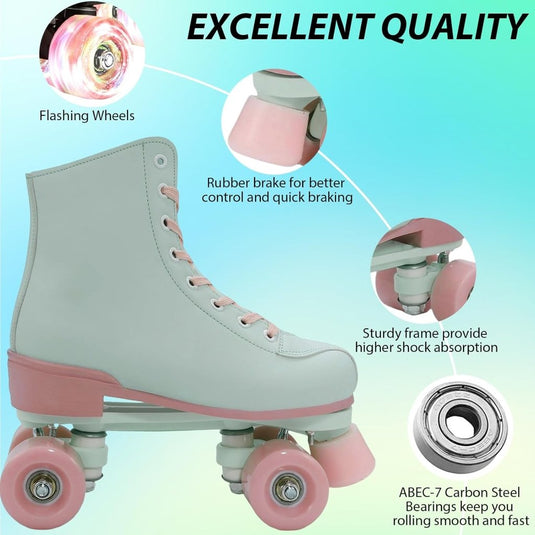 XUDREZ Rolschaatsen voor meisjes en vrouwen, rolschaatsen, volwassen rolschaatsen, mintgroene schaatsen, schoenen oplichten voor kind, beginner, buiten en binnen - happygetfit.com