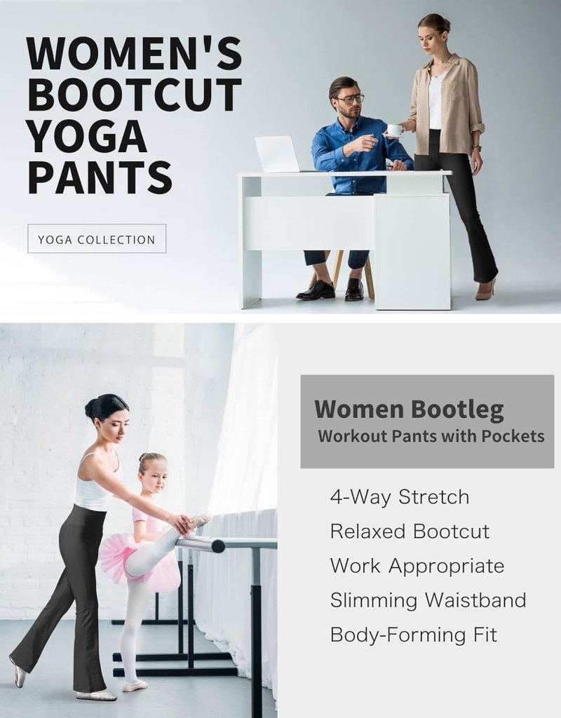 Laad afbeelding in Galerijviewer, Collage met de &quot;Yoga broek voor vrouwen: Perfecte buikcontrole en comfort&quot;, bovenste afbeelding met een vrouw die documenten laat zien op kantoor, onderste afbeelding van een vrouw in een high-waisted yogabroek met kind aan balletbarre. Hoogtepunten zijn onder andere 4-way stretch, buikcontrole en zakken.
