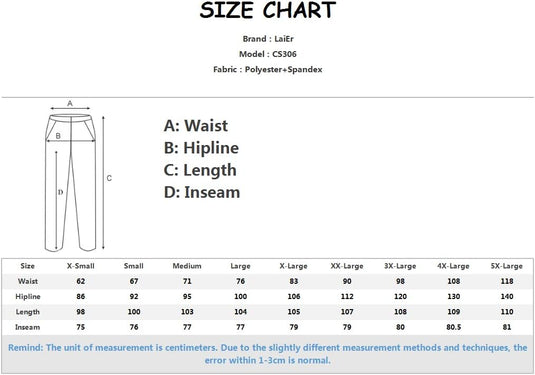Bekijk de maattabel voor het merk LaiEr, model C5306, high-waist polyester-spandex broek. Verkrijgbaar van X-Small tot 5X-Large met metingen in centimeters voor taille, heuplijn, lengte en binnenbeenlengte. Ideaal voor yogaliefhebbers die op zoek zijn naar perfecte buikcontrole en comfort.