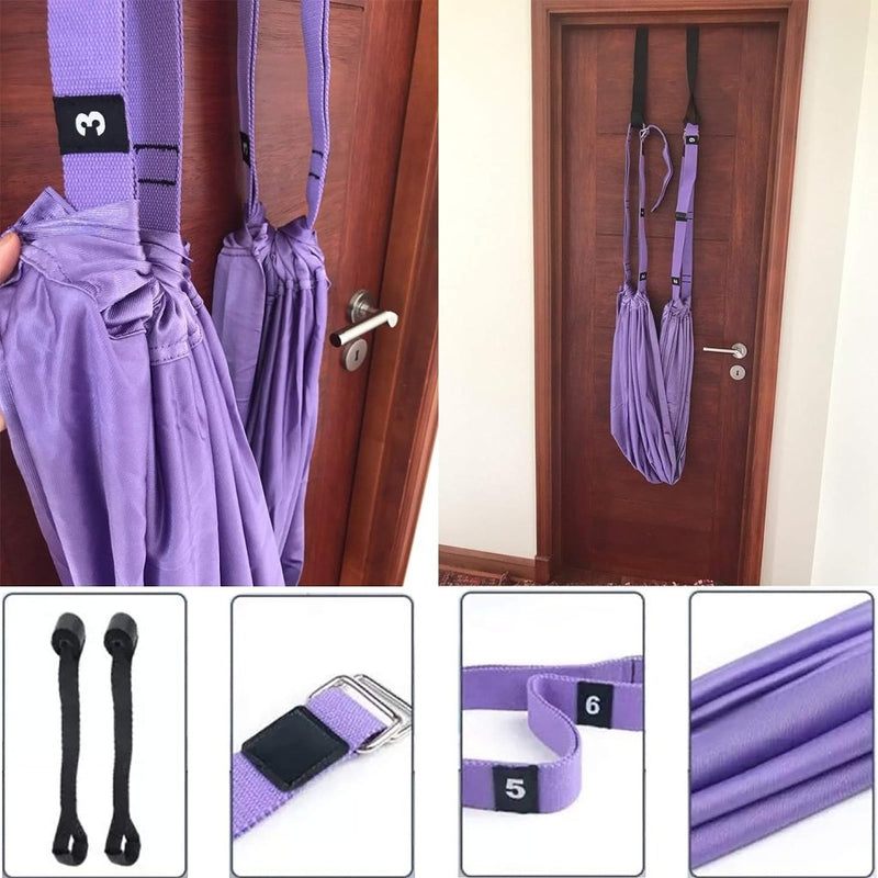 Load image into Gallery viewer, De Verbeter je flexibiliteit met de beste yogariem is een paarse yoga schommel hangmat perfect voor het verbeteren van flexibiliteit, opgehangen aan een deur. Het heeft banden, gespen en stoffen close-ups voor veelzijdig gebruik.
